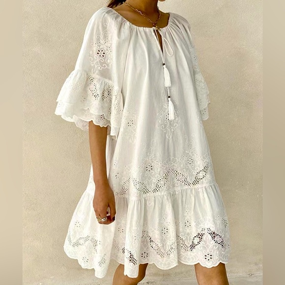 Sleek Elegance Dresses & Skirts - ♥️Hello Gorgeous! Eyelet Embroidered Tassel Tie Neck Dress